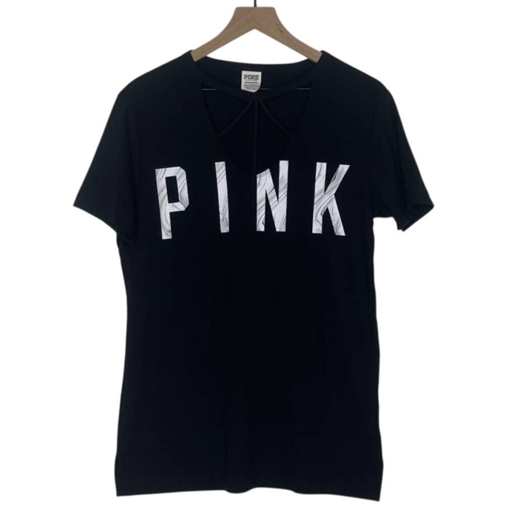PINK Victoria's Secret Open Neck Spell Out Shirt Size XS Grunge Goth Emo Casual